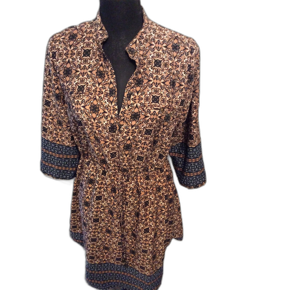 Boho Styled Tunic Dress Tie Cinch Waist Split V Neck Size Large L Brown Blue